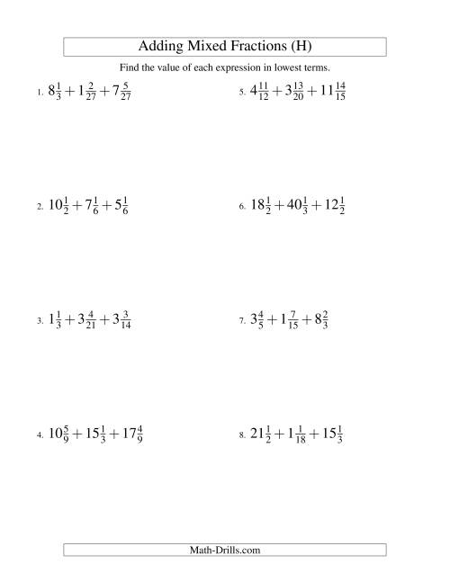 The Adding Mixed Fractions Extreme Version (H) Math Worksheet