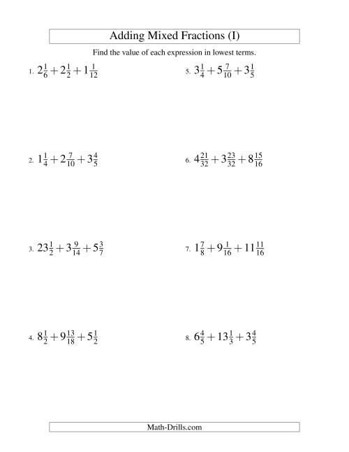 The Adding Mixed Fractions Extreme Version (I) Math Worksheet