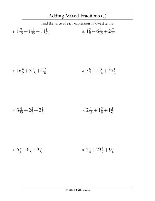The Adding Mixed Fractions Extreme Version (J) Math Worksheet