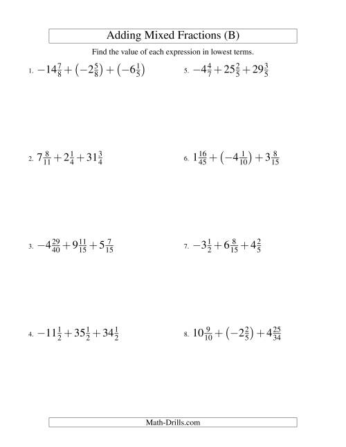 The Adding Mixed Fractions Super Extreme Version (B) Math Worksheet