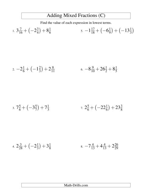 The Adding Mixed Fractions Super Extreme Version (C) Math Worksheet