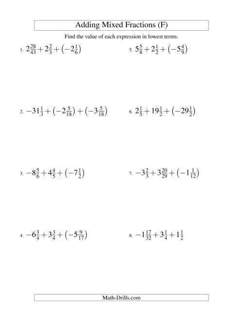 The Adding Mixed Fractions Super Extreme Version (F) Math Worksheet