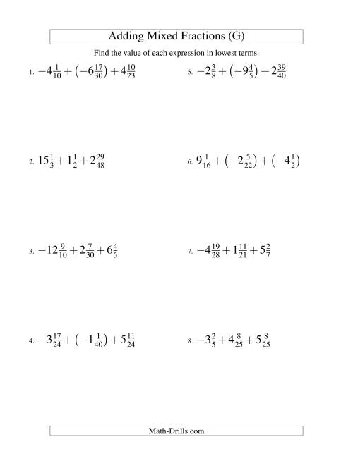The Adding Mixed Fractions Super Extreme Version (G) Math Worksheet