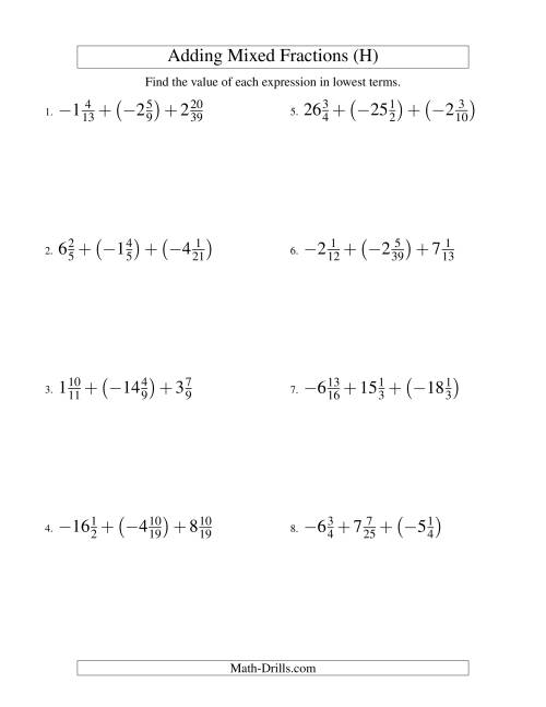 The Adding Mixed Fractions Super Extreme Version (H) Math Worksheet