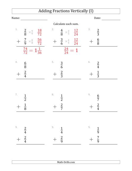The Adding Proper Fractions Vertically with Denominators from 2 to 9 (I) Math Worksheet
