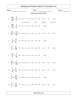 Adding and Subtracting Proper and Improper Fractions with Similar Denominators, Mixed Fractions Results and Some Simplifying (Fillable)