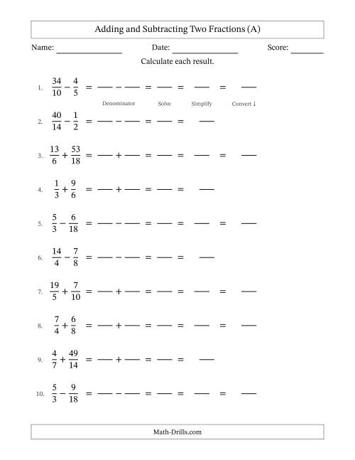 The Adding and Subtracting Fractions -- No Mixed Fractions (A) Math Worksheet