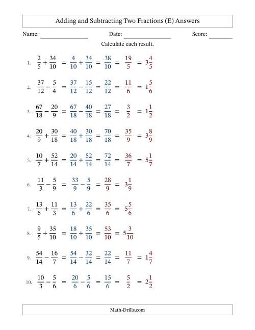 Adding and Subtracting Fractions -- No Mixed Fractions (E)