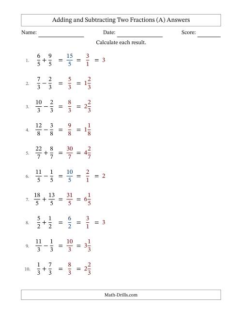The Adding and Subtracting Fractions -- Like Terms -- No Mixed Fractions (A) Math Worksheet Page 2