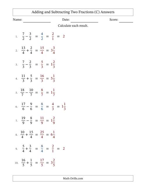 Adding and Subtracting Fractions -- Like Terms -- No Mixed Fractions (C)