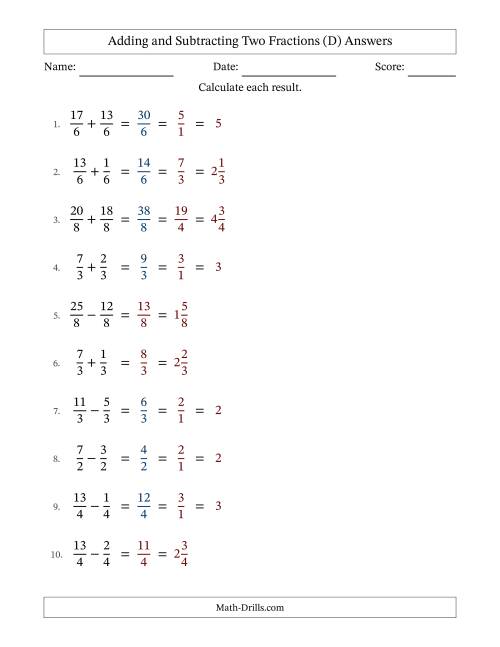 Adding and Subtracting Fractions -- Like Terms -- No Mixed Fractions (D)