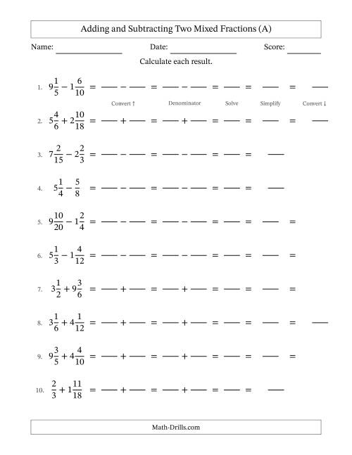 The Adding and Subtracting Mixed Fractions (A) Math Worksheet