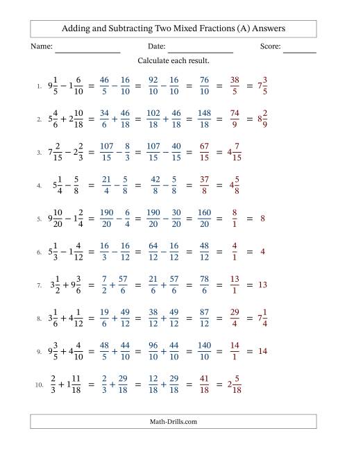 The Adding and Subtracting Mixed Fractions (A) Math Worksheet Page 2