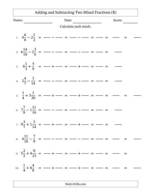 The Adding and Subtracting Two Mixed Fractions with Similar Denominators, Mixed Fractions Results and Some Simplifying (Fillable) (B) Math Worksheet