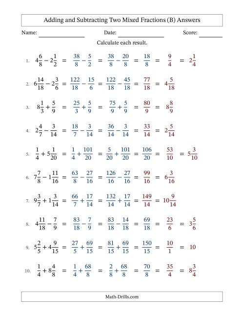 The Adding and Subtracting Two Mixed Fractions with Similar Denominators, Mixed Fractions Results and Some Simplifying (Fillable) (B) Math Worksheet Page 2