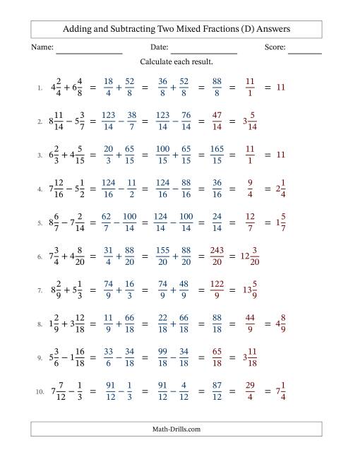 The Adding and Subtracting Two Mixed Fractions with Similar Denominators, Mixed Fractions Results and Some Simplifying (Fillable) (D) Math Worksheet Page 2