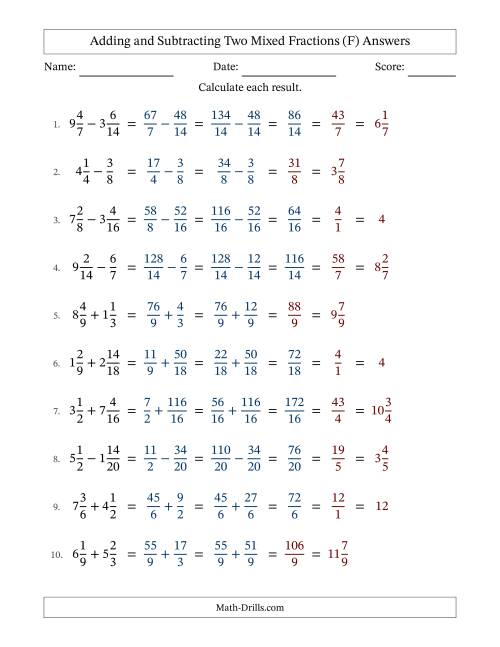 The Adding and Subtracting Two Mixed Fractions with Similar Denominators, Mixed Fractions Results and Some Simplifying (Fillable) (F) Math Worksheet Page 2