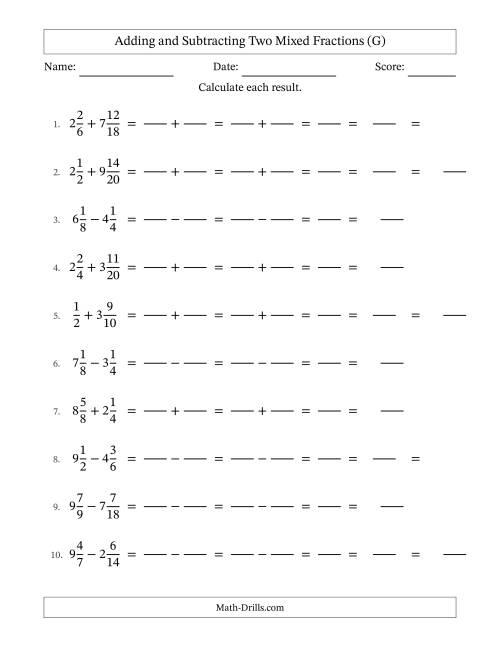 The Adding and Subtracting Two Mixed Fractions with Similar Denominators, Mixed Fractions Results and Some Simplifying (Fillable) (G) Math Worksheet