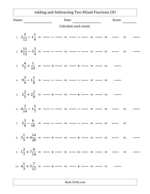 The Adding and Subtracting Two Mixed Fractions with Similar Denominators, Mixed Fractions Results and Some Simplifying (Fillable) (H) Math Worksheet