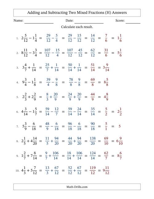 The Adding and Subtracting Two Mixed Fractions with Similar Denominators, Mixed Fractions Results and Some Simplifying (Fillable) (H) Math Worksheet Page 2
