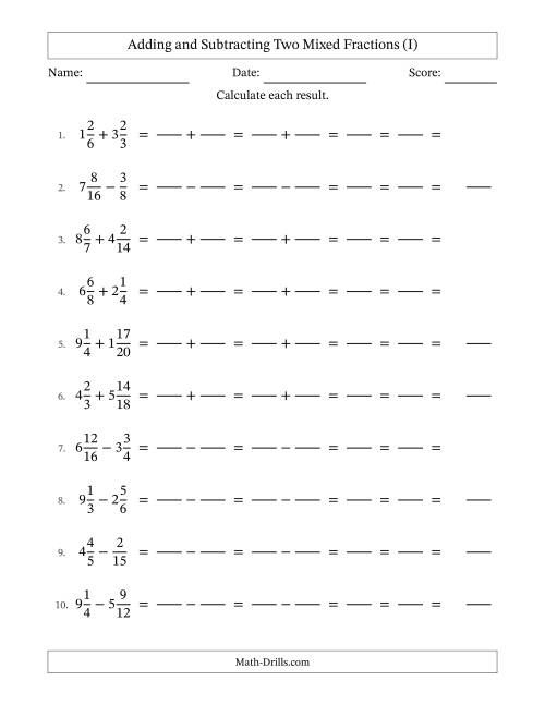 The Adding and Subtracting Two Mixed Fractions with Similar Denominators, Mixed Fractions Results and Some Simplifying (Fillable) (I) Math Worksheet