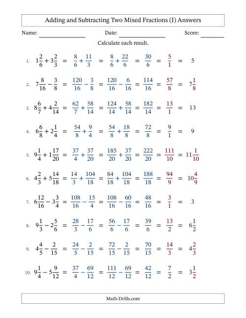 The Adding and Subtracting Two Mixed Fractions with Similar Denominators, Mixed Fractions Results and Some Simplifying (Fillable) (I) Math Worksheet Page 2