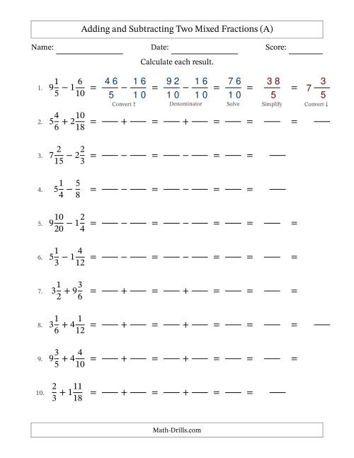 The Adding and Subtracting Two Mixed Fractions with Similar Denominators, Mixed Fractions Results and Some Simplifying (Fillable) (All) Math Worksheet