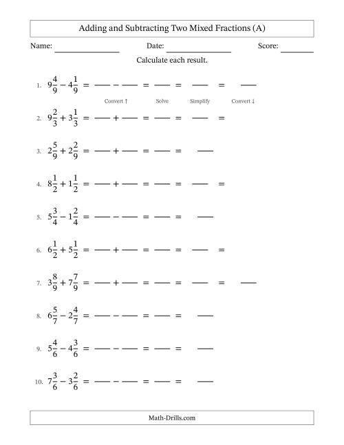 The Adding and Subtracting Mixed Fractions with Like Terms (A) Math Worksheet