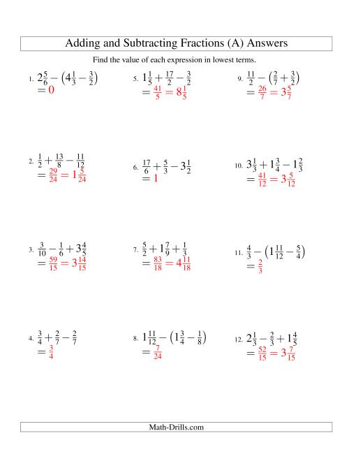 The Adding and Subtracting Fractions with Three Terms (A) Math Worksheet Page 2