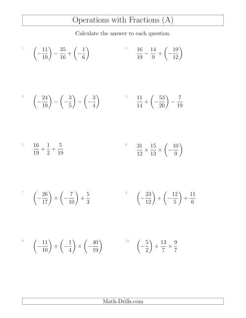 The Mixed Operations with Three Fractions Including Negatives and Improper Fractions (A) Math Worksheet