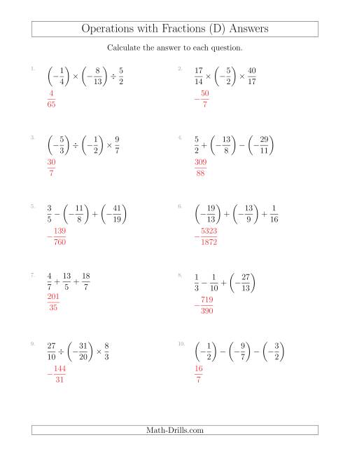 Mixed Operations with Three Fractions Including Negatives and Improper ...