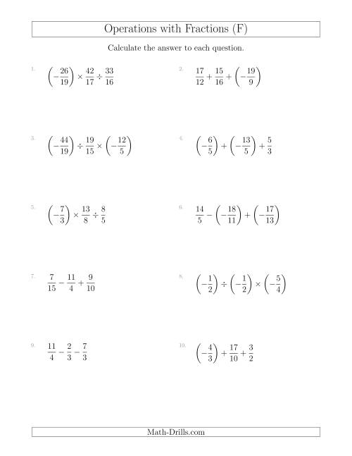 The Mixed Operations with Three Fractions Including Negatives and Improper Fractions (F) Math Worksheet