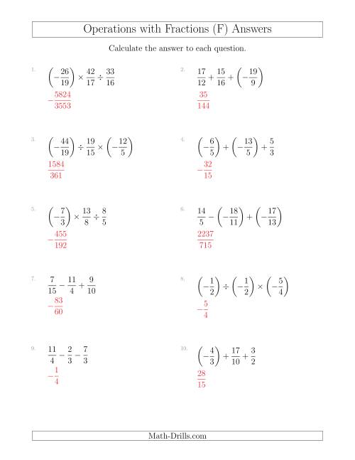 The Mixed Operations with Three Fractions Including Negatives and Improper Fractions (F) Math Worksheet Page 2