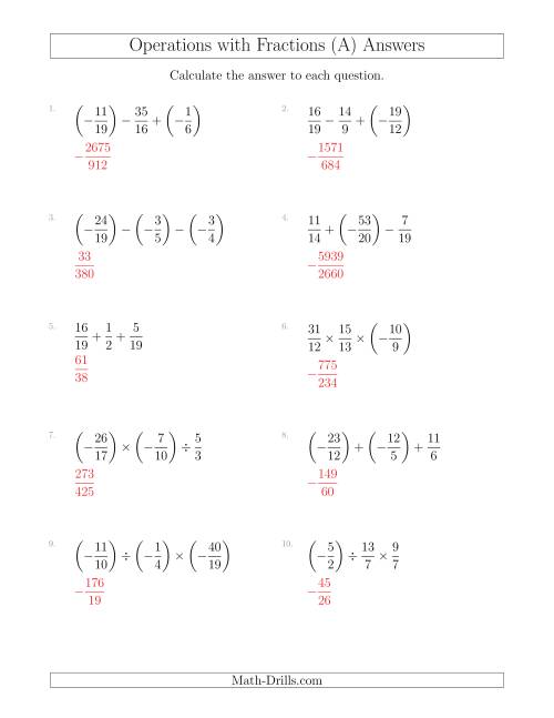 Mixed Operations with Three Fractions Including Negatives and Improper ...