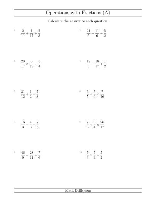 The Mixed Operations with Three Fractions Including Improper Fractions (A) Math Worksheet