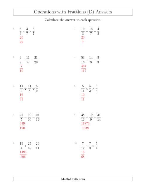 The Mixed Operations with Three Fractions Including Improper Fractions (D) Math Worksheet Page 2