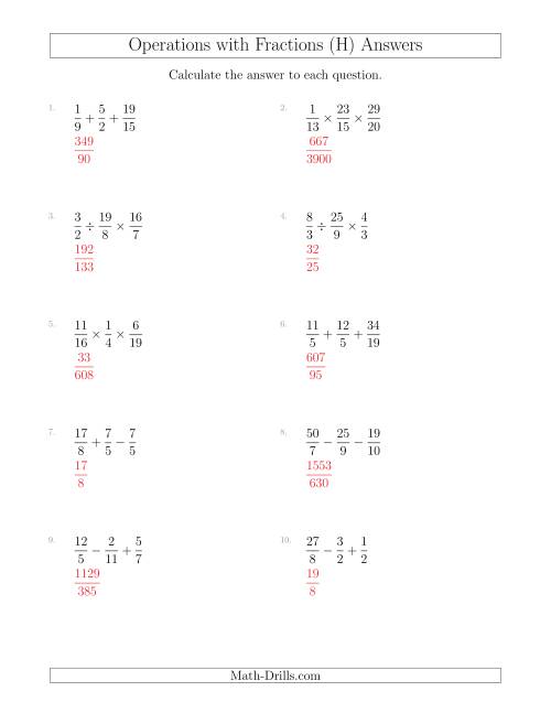 The Mixed Operations with Three Fractions Including Improper Fractions (H) Math Worksheet Page 2