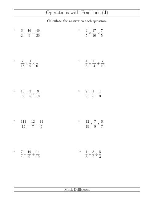 The Mixed Operations with Three Fractions Including Improper Fractions (J) Math Worksheet