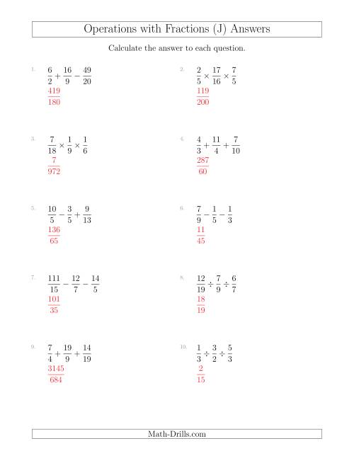 The Mixed Operations with Three Fractions Including Improper Fractions (J) Math Worksheet Page 2