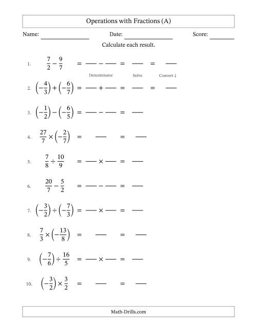 The Mixed Operations with Two Fractions Including Negatives and Improper Fractions (A) Math Worksheet
