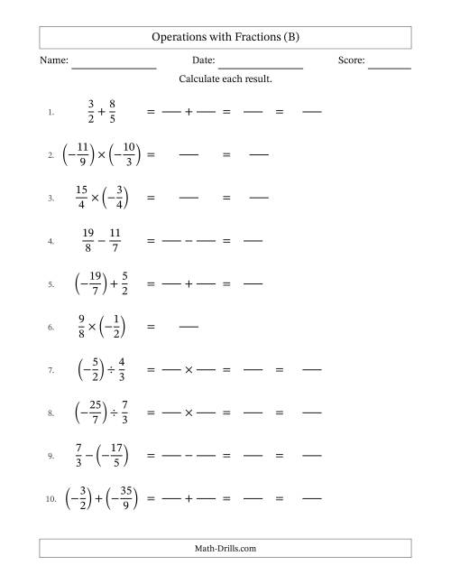 Mixed Operations with Two Fractions Including Negatives and Improper ...