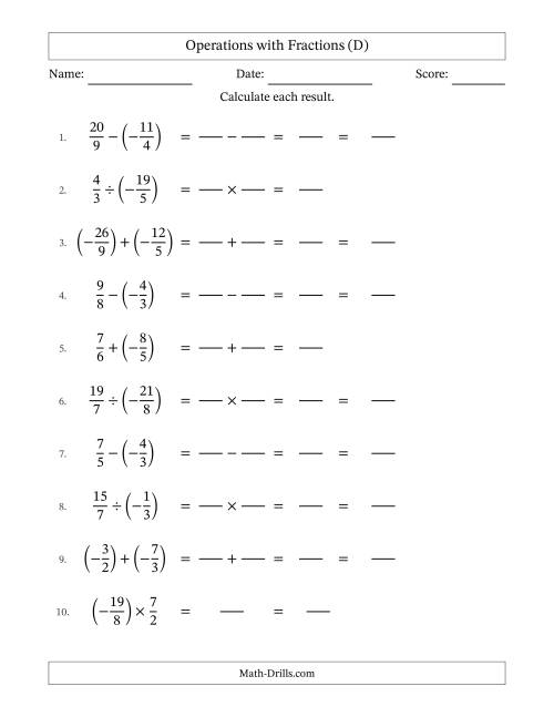 The Mixed Operations with Two Fractions with Unlike Denominators, Mixed Fractions Results and Some Simplifying Including Negative Values (Fillable) (D) Math Worksheet