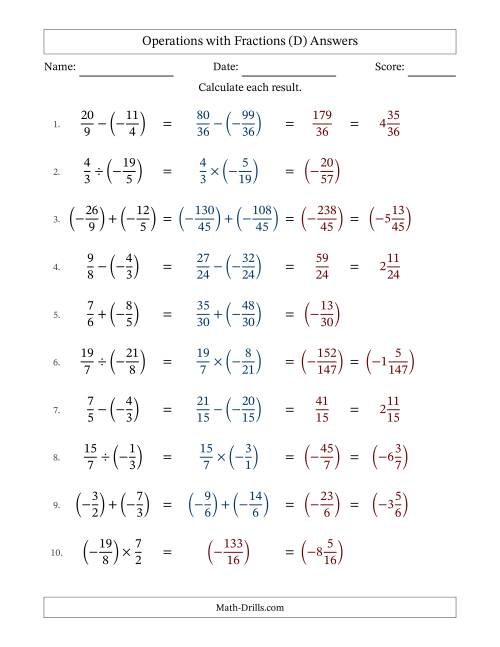 The Mixed Operations with Two Fractions with Unlike Denominators, Mixed Fractions Results and Some Simplifying Including Negative Values (Fillable) (D) Math Worksheet Page 2