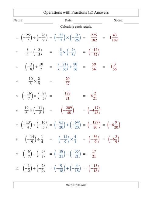 The Mixed Operations with Two Fractions with Unlike Denominators, Mixed Fractions Results and Some Simplifying Including Negative Values (Fillable) (E) Math Worksheet Page 2