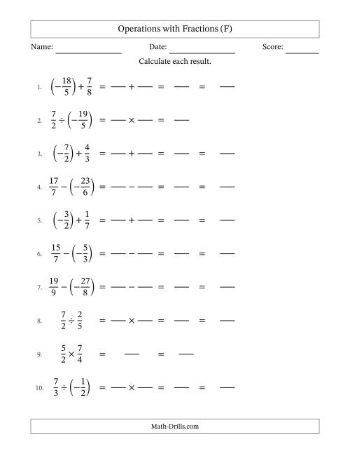 The Mixed Operations with Two Fractions with Unlike Denominators, Mixed Fractions Results and Some Simplifying Including Negative Values (Fillable) (F) Math Worksheet