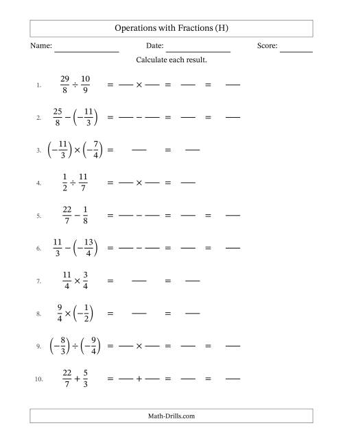 The Mixed Operations with Two Fractions with Unlike Denominators, Mixed Fractions Results and Some Simplifying Including Negative Values (Fillable) (H) Math Worksheet