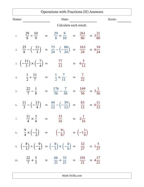 The Mixed Operations with Two Fractions with Unlike Denominators, Mixed Fractions Results and Some Simplifying Including Negative Values (Fillable) (H) Math Worksheet Page 2