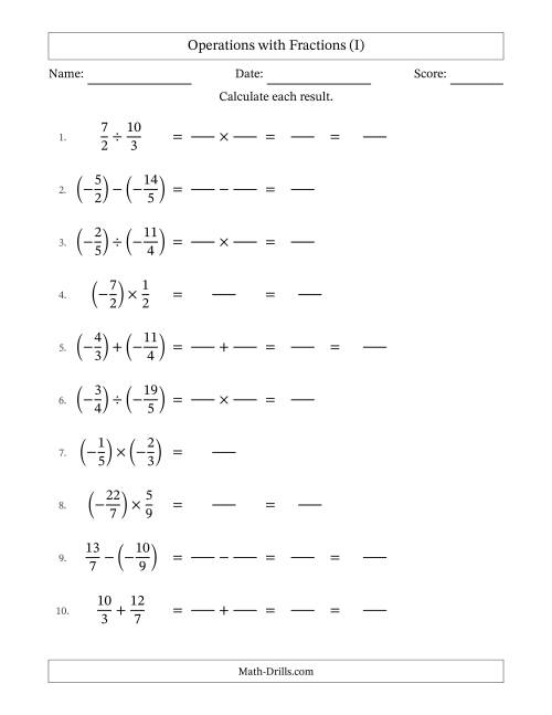 The Mixed Operations with Two Fractions with Unlike Denominators, Mixed Fractions Results and Some Simplifying Including Negative Values (Fillable) (I) Math Worksheet