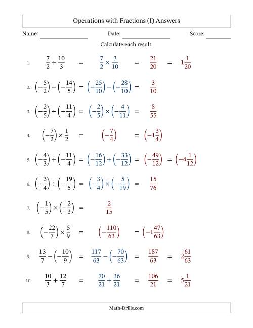 Mixed Operations with Two Fractions Including Negatives and Improper ...