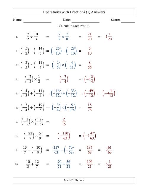 The Mixed Operations with Two Fractions with Unlike Denominators, Mixed Fractions Results and Some Simplifying Including Negative Values (Fillable) (I) Math Worksheet Page 2